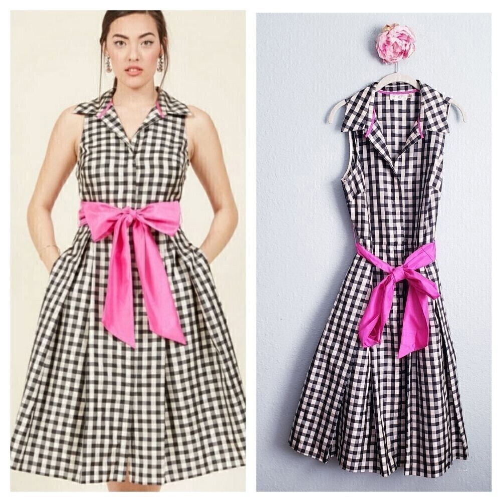 Eliza J Black and White Gingham Shirt Dress with Barbie Pink Bow